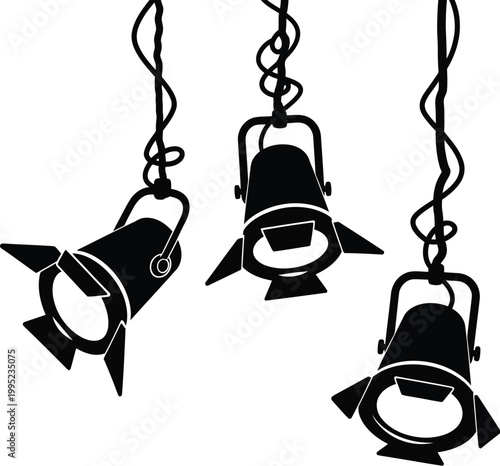 Three black silhouette spotlights hanging downwards with stage light black and white spotlight lighting performance equipment silhouette illumination decoration contrast illustration