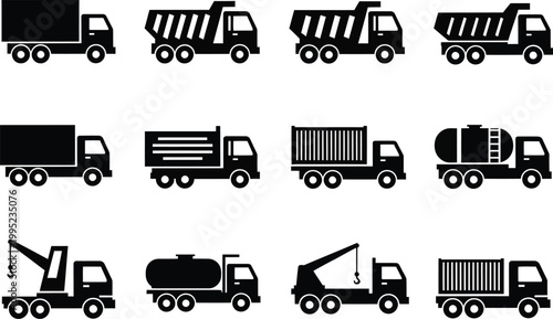 Collection of diverse truck silhouettes and icons with dump truck cement mixer heavy duty public transport silhouette commercial delivery logistics industry construction different
