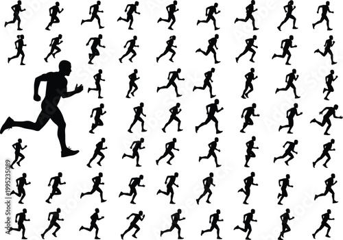 Sequence of running man silhouette with black and white silhouette athletic sequence animation sprinting movement exercise athleticism marathon competition activity lifestyle collection