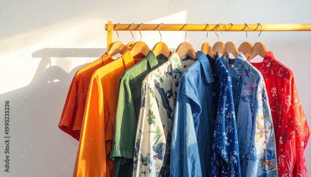 Obraz premium Colorful shirts of varied hues hang neatly on a wooden rack against a white wall in natural light