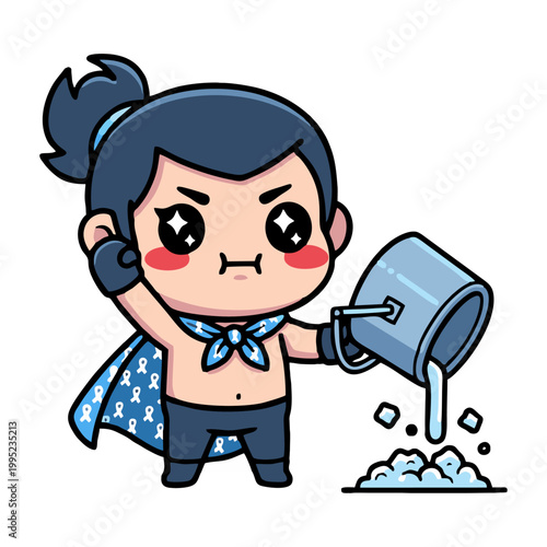 A determined anime-style superhero character with a blue ribbon cape pours water from a bucket onto the ground.