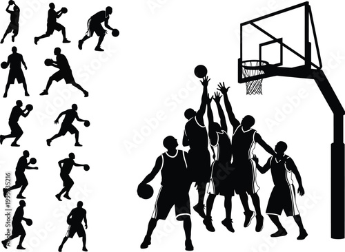 Basketball players silhouettes collection showing action poses with slam dunk basketball silhouettes athletic competition activity movement teamwork recreation challenge training background