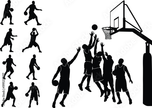 Basketball players silhouettes collection showing action poses with slam dunk basketball silhouettes athletic competition activity movement teamwork recreation challenge training background