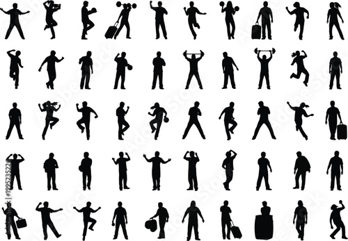 Collection of diverse adult human silhouettes in various poses with silhouettes collection standing carrying exercising suitcase isolated background creative illustration activity lifestyle