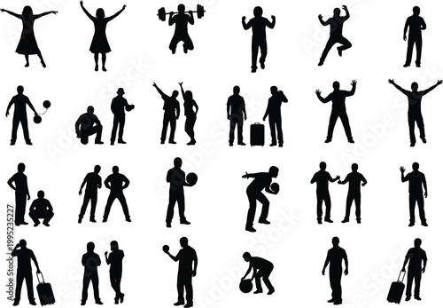 Diverse adult human silhouettes in various poses and activities with silhouettes collection standing carrying exercising suitcase isolated background creative illustration activity