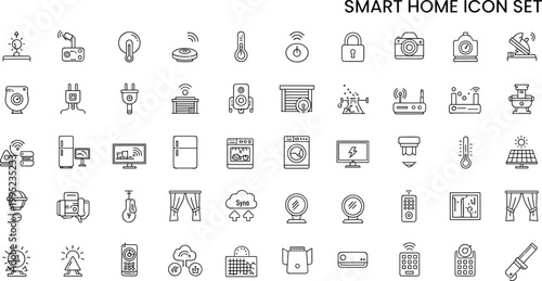 Smart home outline icon set automation security devices IoT appliances control system technology thin line vector collection