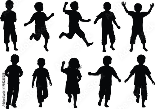 Group of children silhouettes in various active poses with children silhouettes standing childhood movement recreation silhouette isolated illustration collection energetic