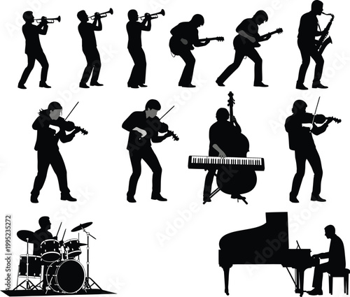Silhouettes of musicians playing various instruments with upright bass double bass drum kit musicians silhouettes instruments orchestra classical performance illustration entertainer
