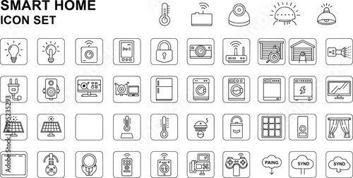 Smart home outline icon set automation security devices IoT appliances wireless control system technology thin line vector collection