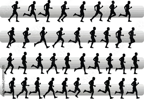 Sequenced silhouettes of a person running in multiple frames with stop motion silhouettes sequence athletic exercise movement illustration background animation marathon outdoors silhouette