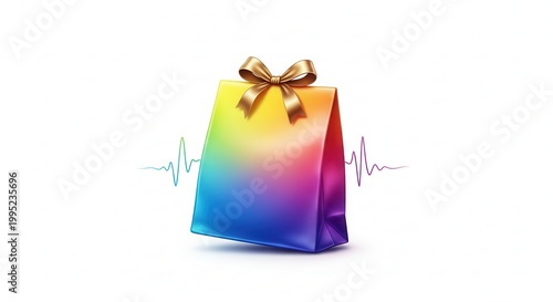 Vibrant Rainbow Gift Bag with Golden Bow and Dynamic Pulse Line on White Background