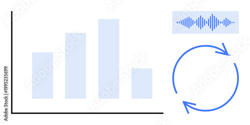 Data analytics concept. Data bar graph, audio waveform, and circular arrows analysis, feedback loop, and continuous improvement. For business, technology, AI fintech marketing