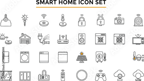 Smart home outline icon set with automation devices security monitoring appliances lighting sensors connectivity wireless control and intelligent household technology vector collection