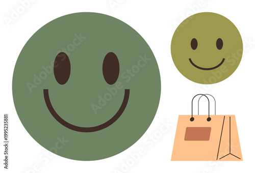Happiness, retail therapy, customer satisfaction, shopping experiences, sales promotion, branding . Green smiling face with shopping bag. Happiness and retail therapy conceptual design