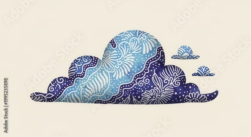 Elegant stylized clouds with intricate blue and white patterns creating a peaceful sky artwork