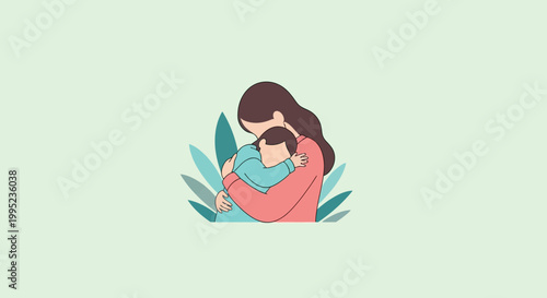 Woman Hugging Little Girl Outdoors.