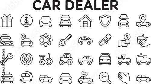Car dealer service icons set with various automobile shapes keys maintenance tools location markers and sales symbols for business.