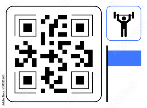 Gym access, fitness tracking, digital connectivity, online services, QR scanning, technology. QR code with a weightlifting icon and blue banner. Fitness tracking and gym access concept