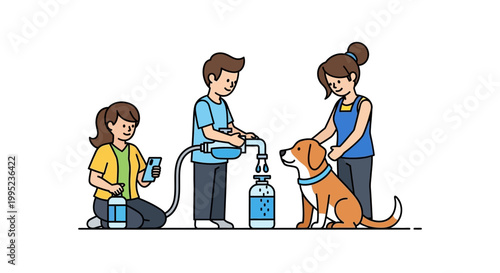 Family Watering Dog and Filling Water Bottles with Clean Water.