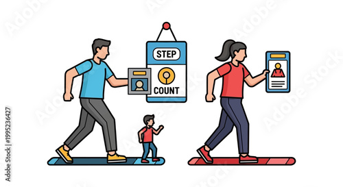 Family Walking Together on Treadmills with Step Count Display.