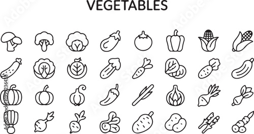Healthy organic vegetables icon set with fresh garden produce including broccoli tomato eggplant pepper corn pumpkin and many more.