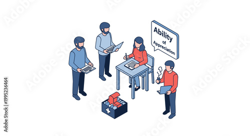 Isometric illustration of a business team discussing ability and application.