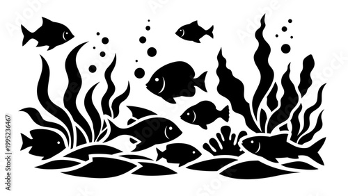 Silhouette of a vibrant underwater coral reef teeming with diverse fish species and aquatic plants.