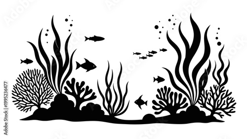 Silhouette of a vibrant coral reef ecosystem with diverse marine life and aquatic plants.