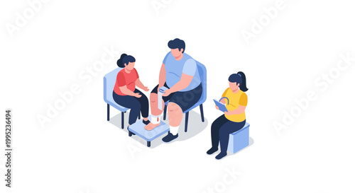 Isometric illustration of a doctor consulting with patients in a clinic setting.