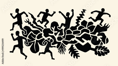 Silhouettes of people running and jumping over abstract organic shapes.