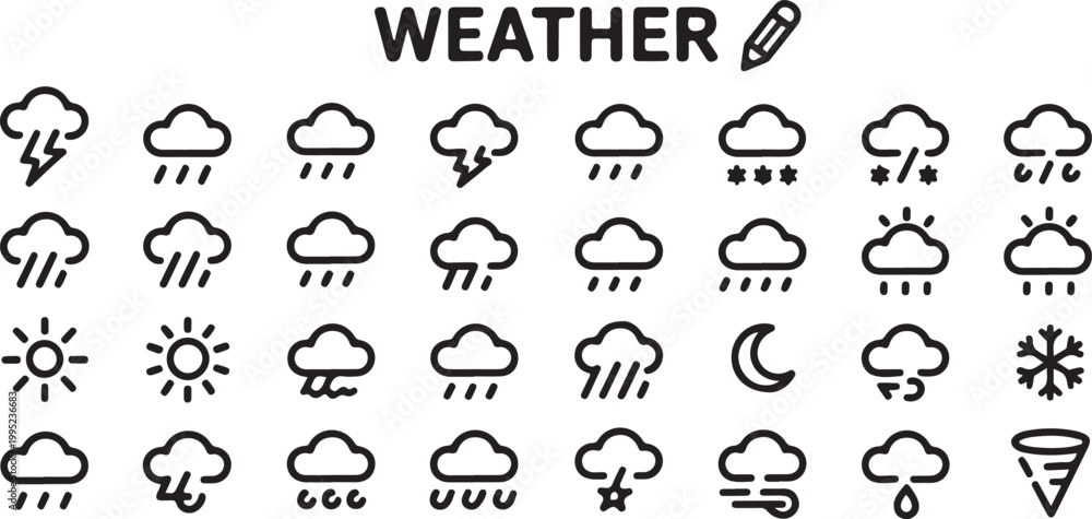 Fototapeta premium Weather icons set including sun, cloud, rain, snow, lightning, moon, storm, snowflake.