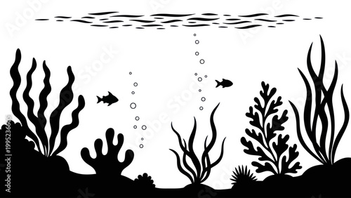 Underwater marine life silhouette with various aquatic plants and fish.