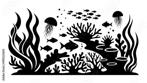 Underwater Coral Reef Scene with Marine Life Silhouettes.