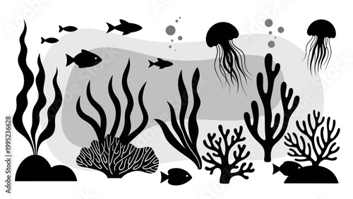 Underwater marine life with fish, jellyfish, and various sea plants.