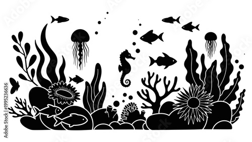 Underwater Scene with Diverse Marine Life and Coral Reefs.