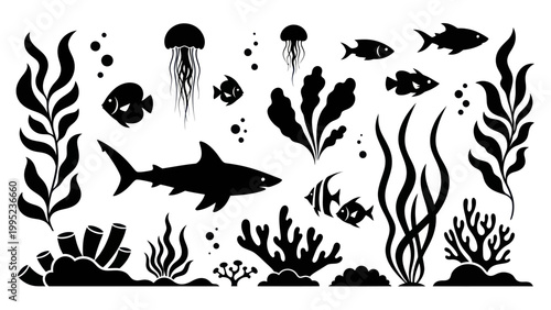 Underwater World Silhouette Collection Marine Life Elements Set.