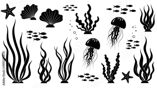 Underwater World Silhouette Collection - Seaweed, Jellyfish, Starfish, Shells, and Fish.
