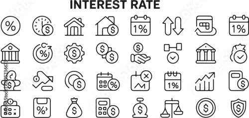 Interest rate icons set including bank, calendar, coins, growth, calculator, shield, percentages.