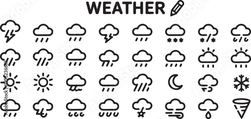Weather icons set including sun, cloud, rain, snow, lightning, moon, storm, snowflake.