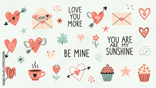 Valentines Day themed collection of hearts, love letters, and romantic elements.