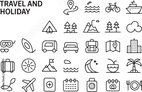 Travel and holiday vector icons set including camping tents mountains airplanes cruise ships suitcases maps and tropical scenery.