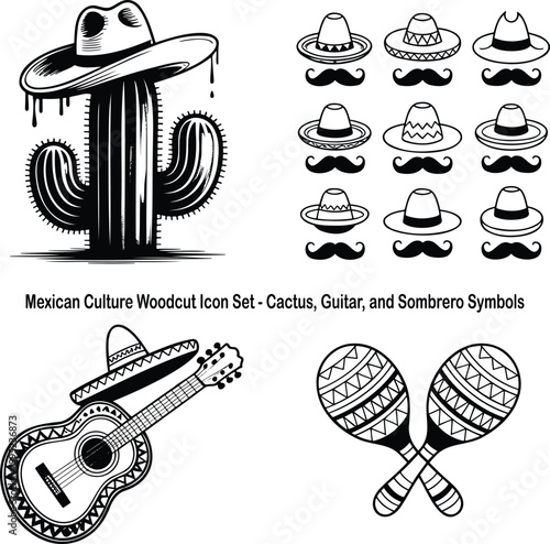 Monochrome Mexican culture woodcut style icon set depicting traditional symbols like cactus, sombreros and musical instruments