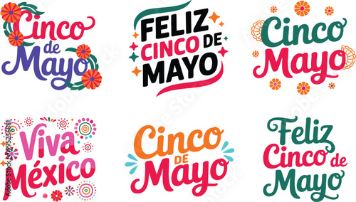 Collection of vibrant Cinco de Mayo and Viva Mexico lettering designs with festive flourishes and bold typography