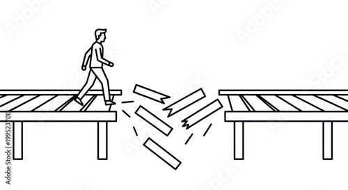 Man walking across a broken bridge