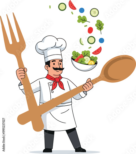 Cartoon chef tossing salad with large utensils
