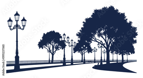 Park scene with street lights and silhouetted trees.