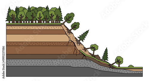 Cross-section showing layers of earth and a landslide with trees