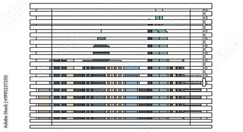 Stylized illustration of a modern city skyline seen through horizontal window blinds.