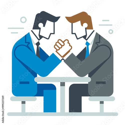 Two businessmen arm wrestling across a table in a competition.