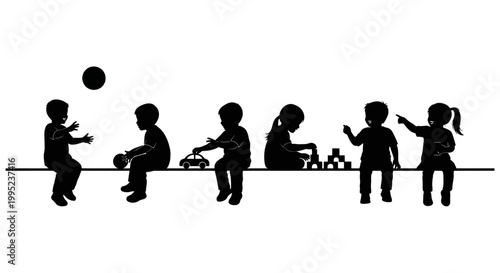 Children silhouettes playing with toys on a white background.